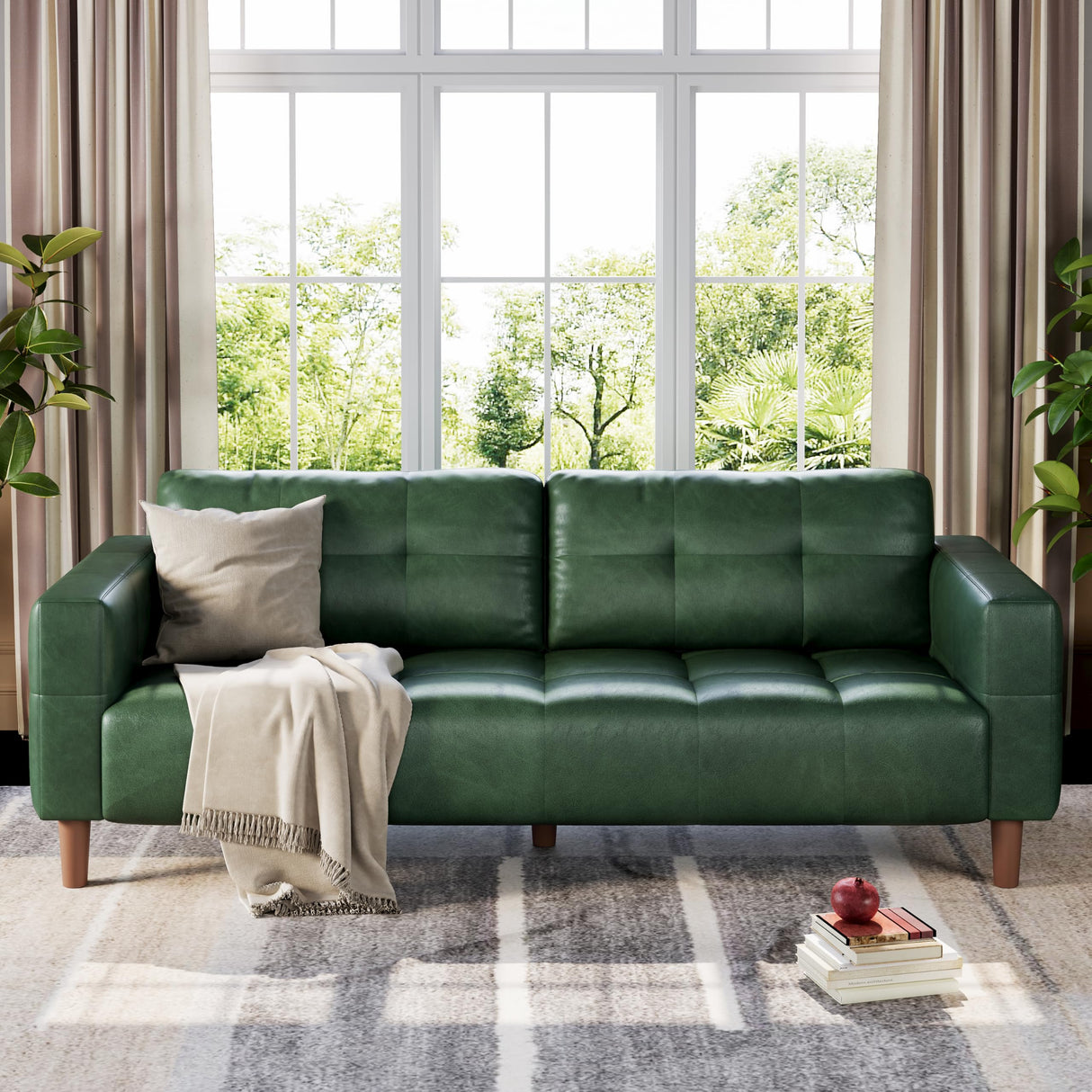GarveeHome 3-Seater Sofa Couch, 83 in Wide Faux Leather Sofa Couch with Spring Cushion, Modern Sofa with Deep Seats and 2 Removable Back Cushions, for Living Room, Bedroom, Apartment, Office, Green GarveeHome