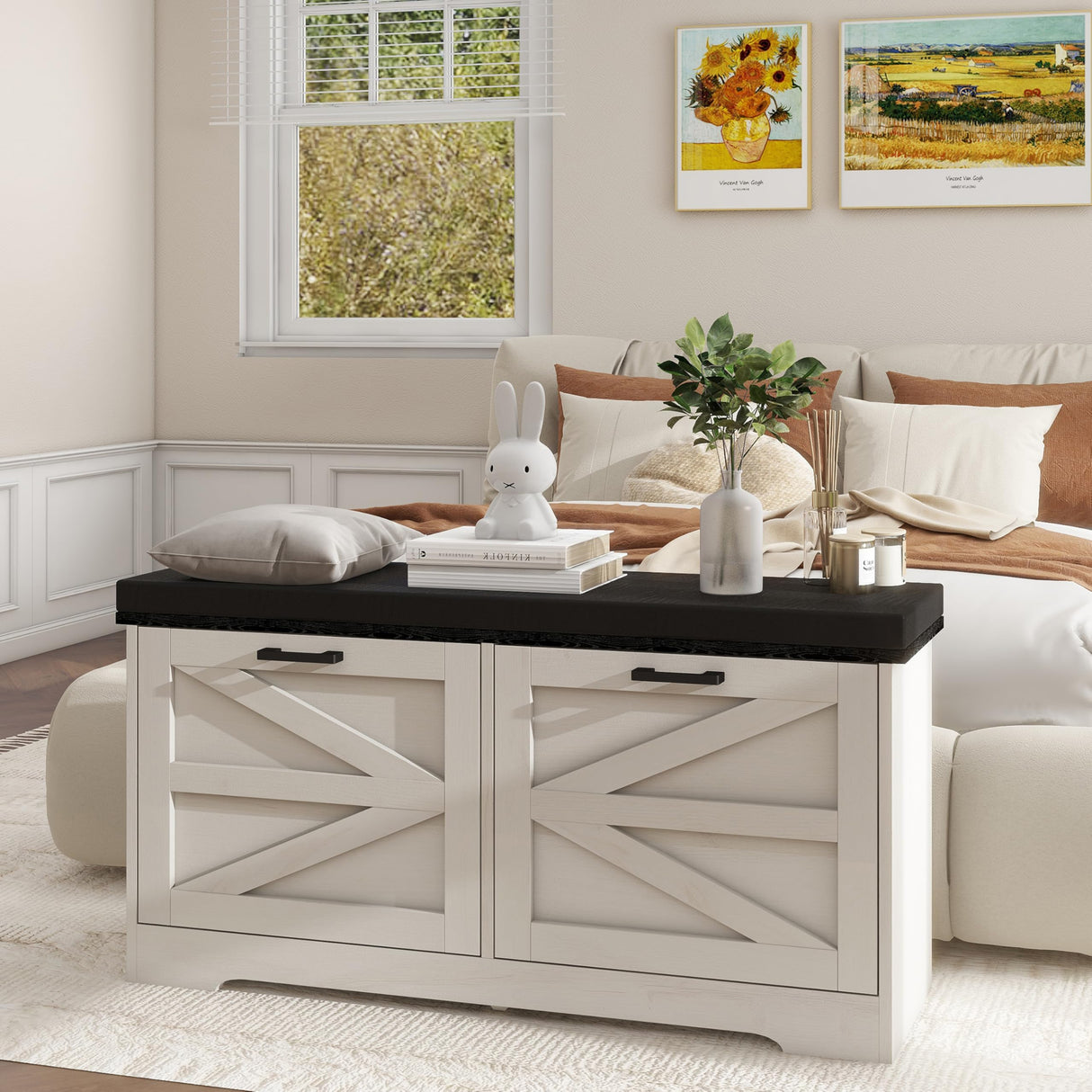 Trironsun White Shoe Storage Bench 2 Flip Drawers Shoe Rack Bench with Padded Seat Cushion Farmhouse Hidden Shoe Bench with Storage Shoe Cabinet 2 Barn Doors for Entryway Bedroom (Antique White) Trironsun