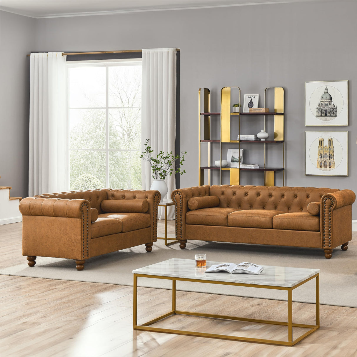 Asucoora Air Leather Tufted Sofa Couch for Living Room, Rolled Arm 3-Seater Sofa Couch with Nailhead Trim and 2 Neck Roll Pillows, Small Apartment Chesterfield Sofa Asucoora