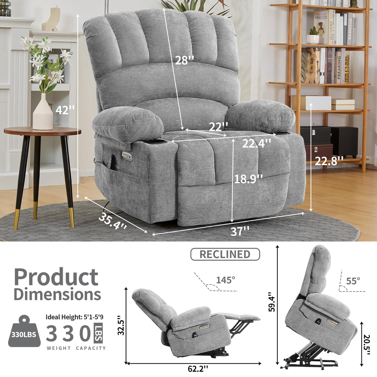 DURASPACE Power Lift Recliner Electric Lift Massage Recliner Chairs with Heat, Large Shell Velvet Backrest Lift Chair Recliners for Elderly, Seniors (Gray) DURASPACE