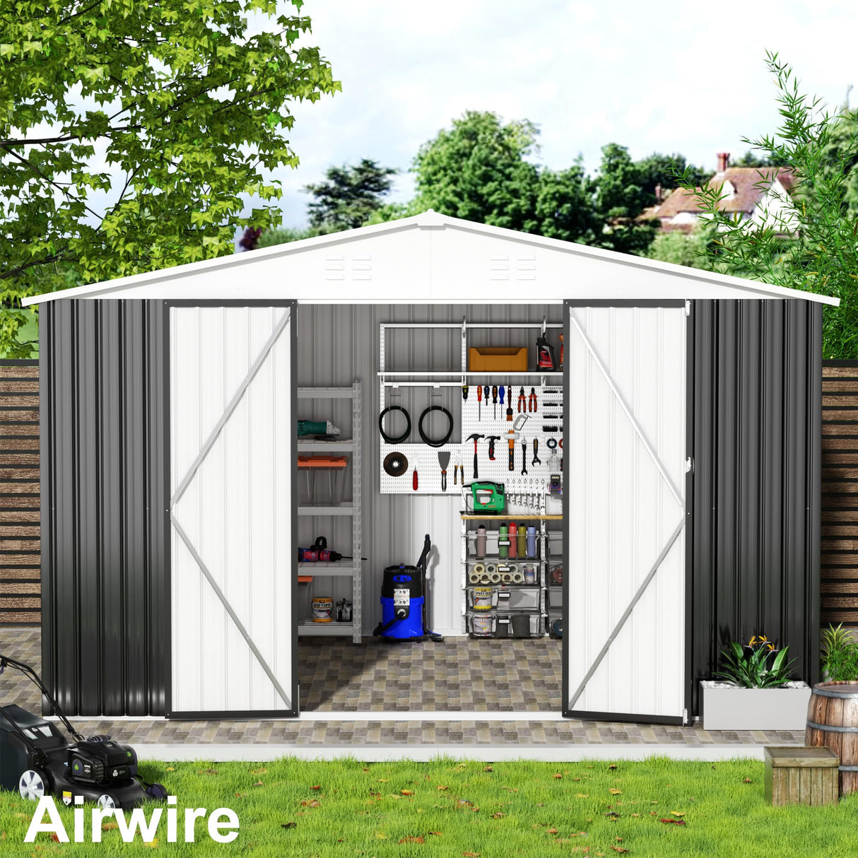 AirWire 12x10 FT Outdoor Storage Shed, Garden Shed with Updated Frame Structure and Lockable Doors, Metal Tool Sheds for Backyard Garden Patio Lawn, White AirWire