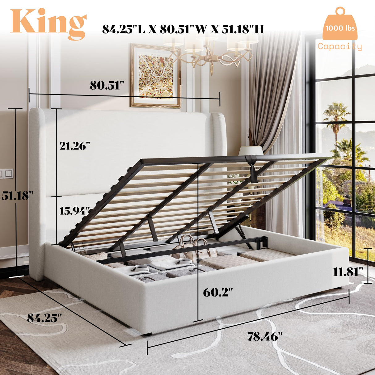 AMERLIFE Lift Up Storage Bed King Size Linen Upholstered Platform Bed Frame, Hydraulic Storage,Modern Wingback Headboard, No Box Spring Needed, White AMERLIFE