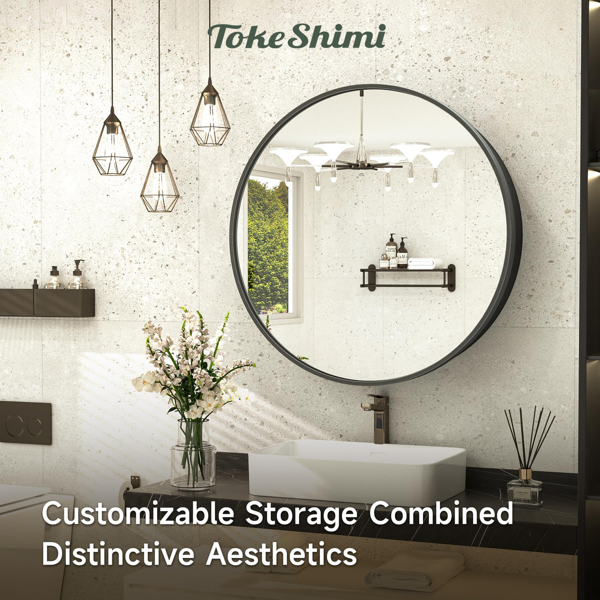 TokeShimi 20 Inch Round Black Medicine Cabinet for Bathroom with Vanity Mirror Small Metal Framed Bathroom Mirrored Cabinet for Wall Mounted Only Circle Farmhouse Medicine Cabinet Removable Shelves TokeShimi