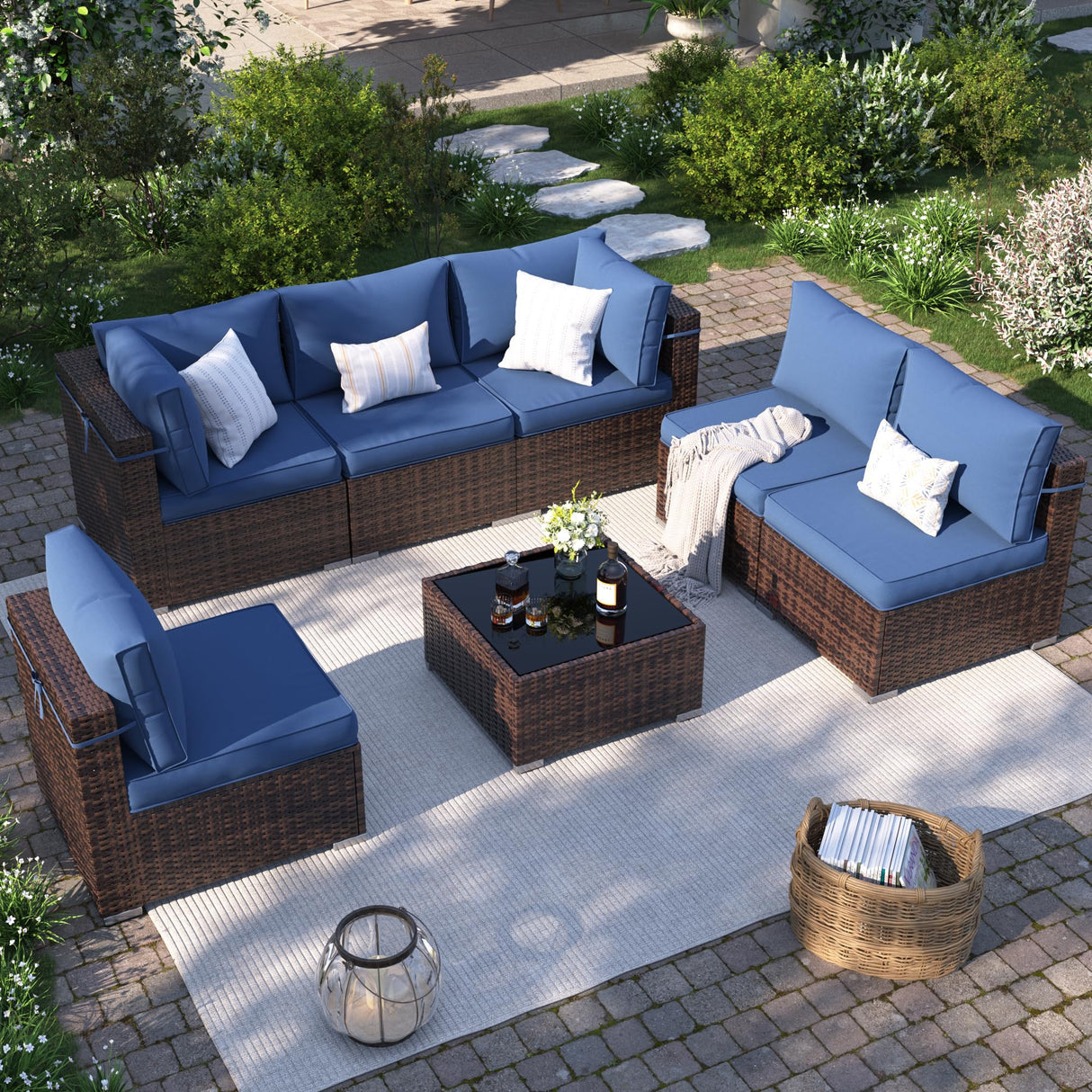VONZOY 7 Piece Patio Furniture Set Outdoor Sectional Sofa, Wicker Backyard Conversation Set with Waterproof Cover & Coffee Table, Modular Outdoor Couch for Garden, Poolside (Brown/Navy Blue Cushion) VONZOY