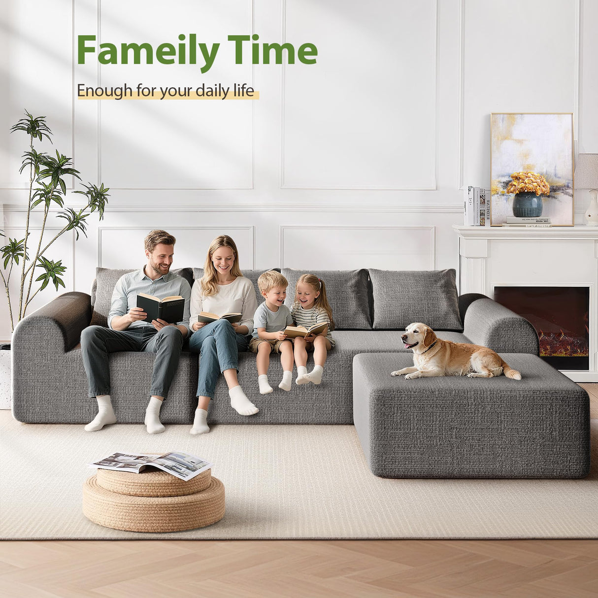 Decofy 105.5" Boneless Sofa for Living Room, Cloud Sectional Couch Ottoman & 4 Pillows, 4-Seater Comfy Compressed Sofa L Shaped Sectional Couch, No Assembly Required, 72h to Restore Decofy