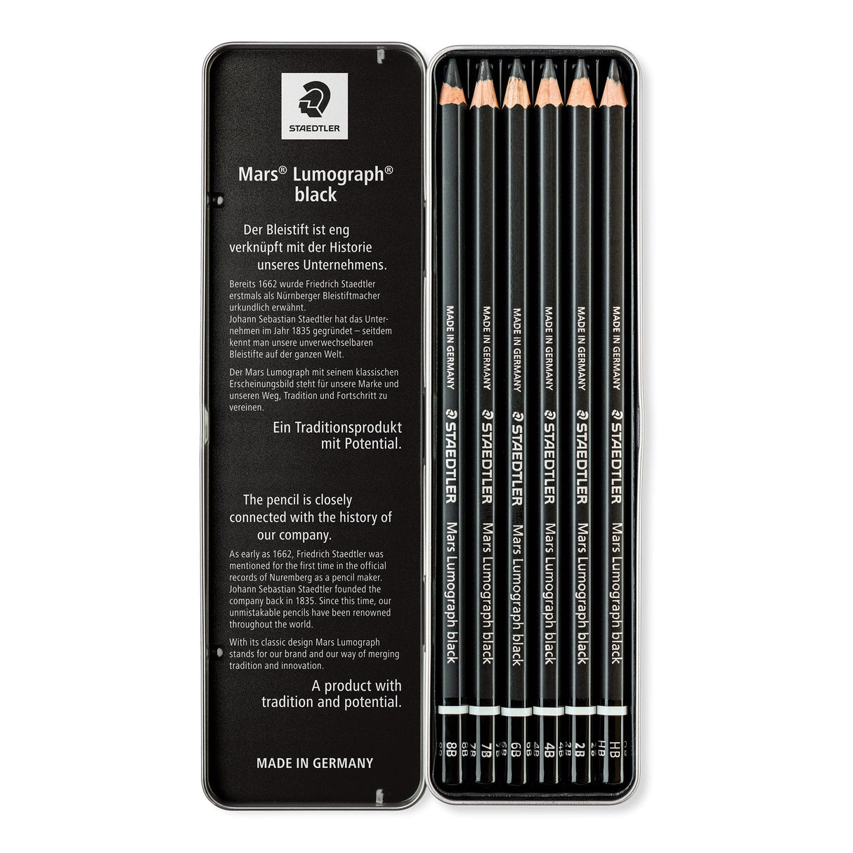 Staedtler Mars Lumograph Black, Carbon Blend Provides Jet Black Lines, Professional Art Pencils, Tin of 6 Assorted Black Sketch Pencils, 100B G6 STAEDTLER