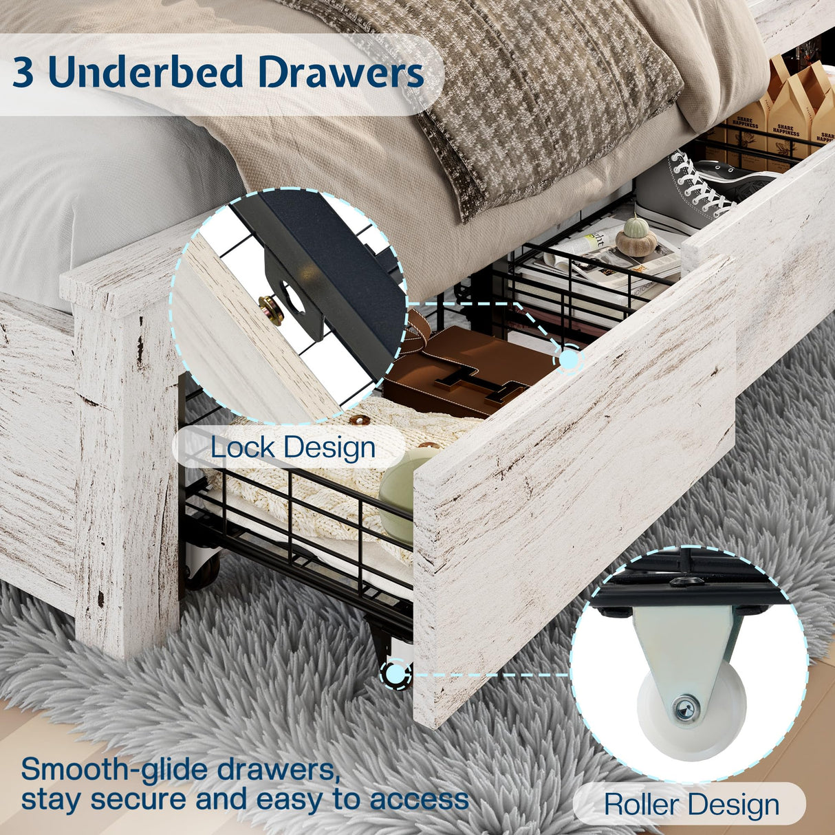 Jocisland Twin Daybed with Bookcase Headboard, USB-C Charging, RGB Lights & 3 Drawers, No Box Spring Needed, Farmhouse Wood Bed Frame for Teens, Dorms, Guest Room, Distressed White Jocisland