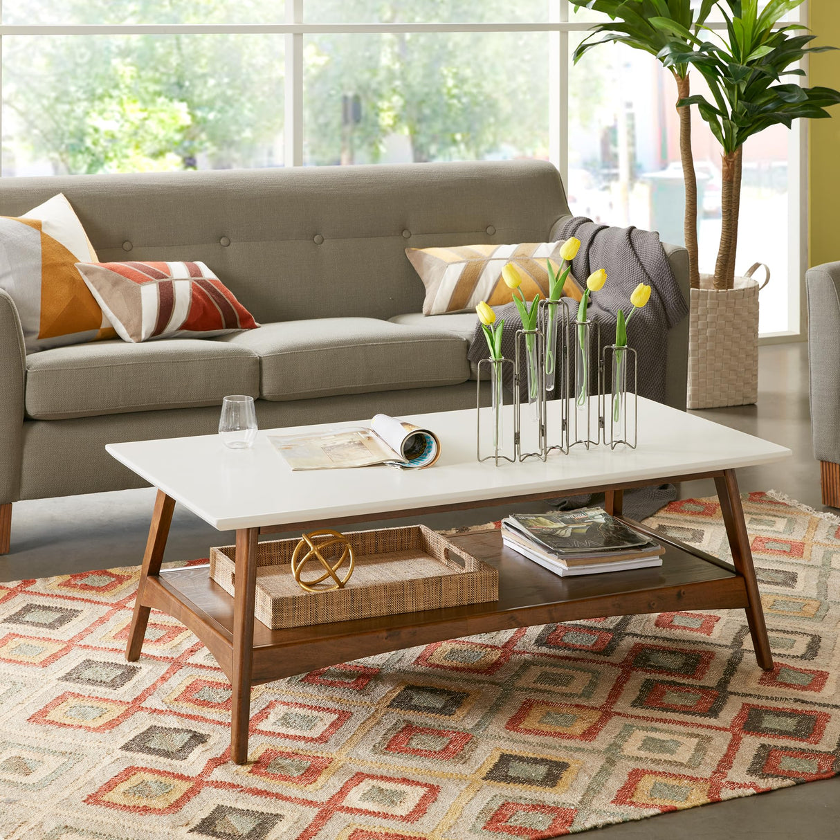 Madison Park Rectangular Wood Coffee Table With Solid Wood Frame & Legs, Living Room Coffee Tables With Storage Shelf, Accent Furniture For Living Room, Minimalist Decor - Off-White / Pecan Parker Madison Park