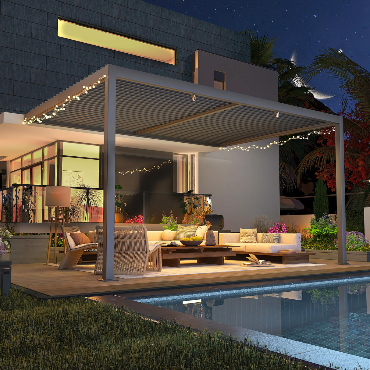 YOLENY Louvered Pergola 10x13, Wall-Mounted Aluminum Pergola with Adjustable Waterproof Roof, Outdoor Hard Top Lean-to Pergola for Backyard, Garden, Lawn, Dark Grey YOLENY