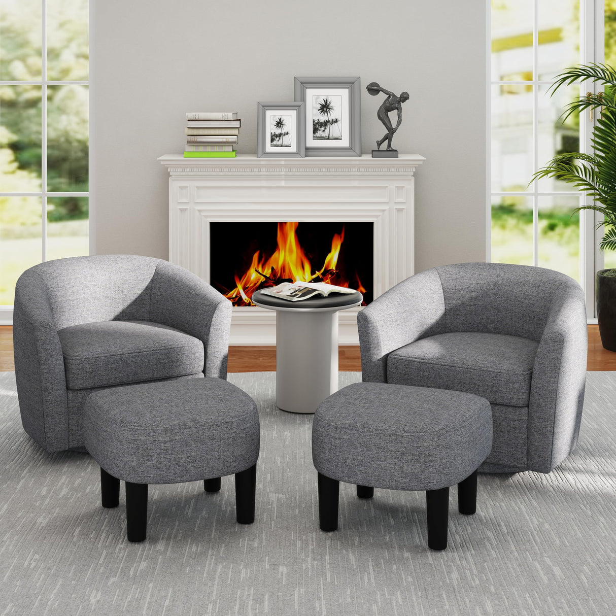 KOMFOTT Swivel Barrel Chair with Ottoman, Upholstered Armchair with Footrest, Removable Seat Cushion, Linen Fabric Club Reading Sofa Chairs, Modern Accent Chair for Living Room, Bedroom, Grey KOMFOTT