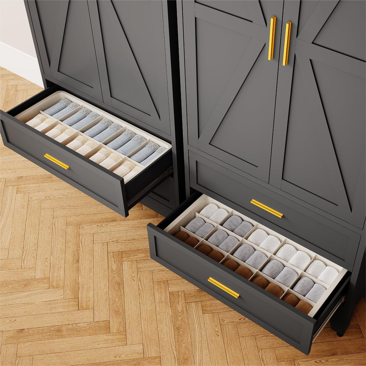 Washsemba 71'' Farmhouse Metal Wardrobe Cabinet with Hanging Rod, 2 Barn Door Wardrobe Closet with Adjustable Shelves,2 Drawer,for Dining Room,Bedroom,Living Room, Cloak Room,Office (Black) Washsemba