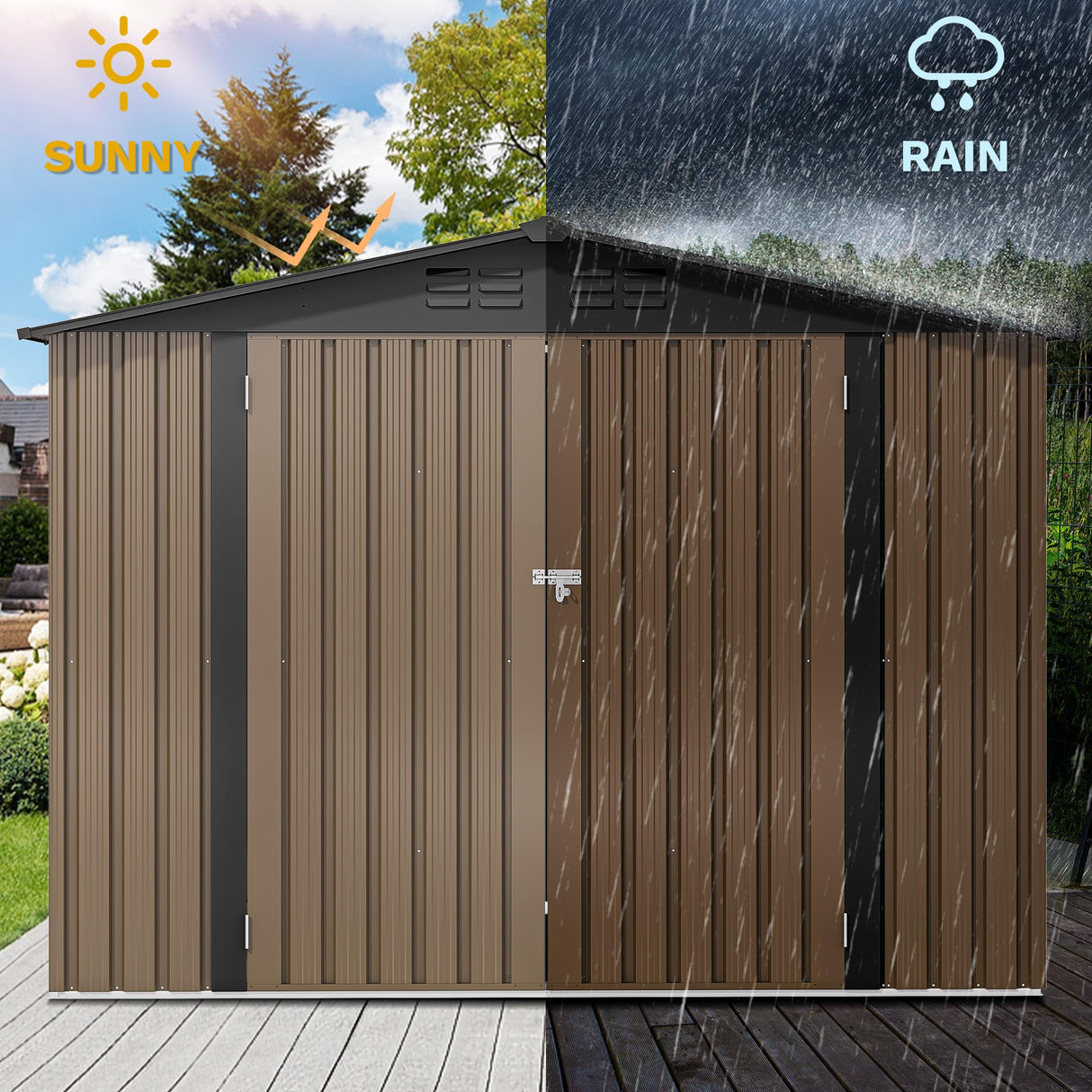 DWVO 8'x6' Large Metal Outdoor Storage Shed, Heavy Duty Tool Storage Sheds for Backyard Patio Lawn - Ideal for Bicycles, Garden Tools, and Lawn Equipment, Easy-to-Assemble, Brown DWVO