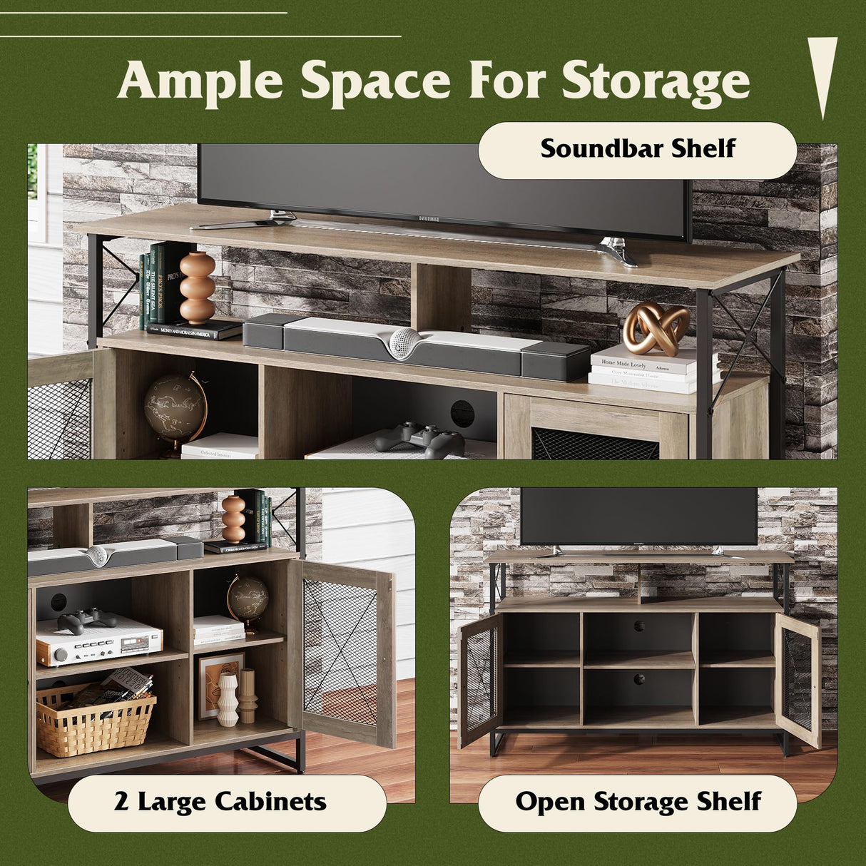 WLIVE TV Stand 55 inch TV, Tall Entertainment Center with Storage, Farmhouse Industrial TV Console for Bedroom Living Room, Greige WLIVE