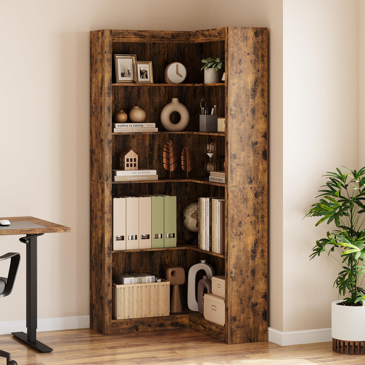 GarveeHome Corner Bookshelf, 71.8 in Farmhouse Corner Bookcase, L-Shaped Bookshelf Large Bookcase, 5 Tier Display Shelf Heavy Duty Bookcases, Bookshelves with Storage GarveeHome