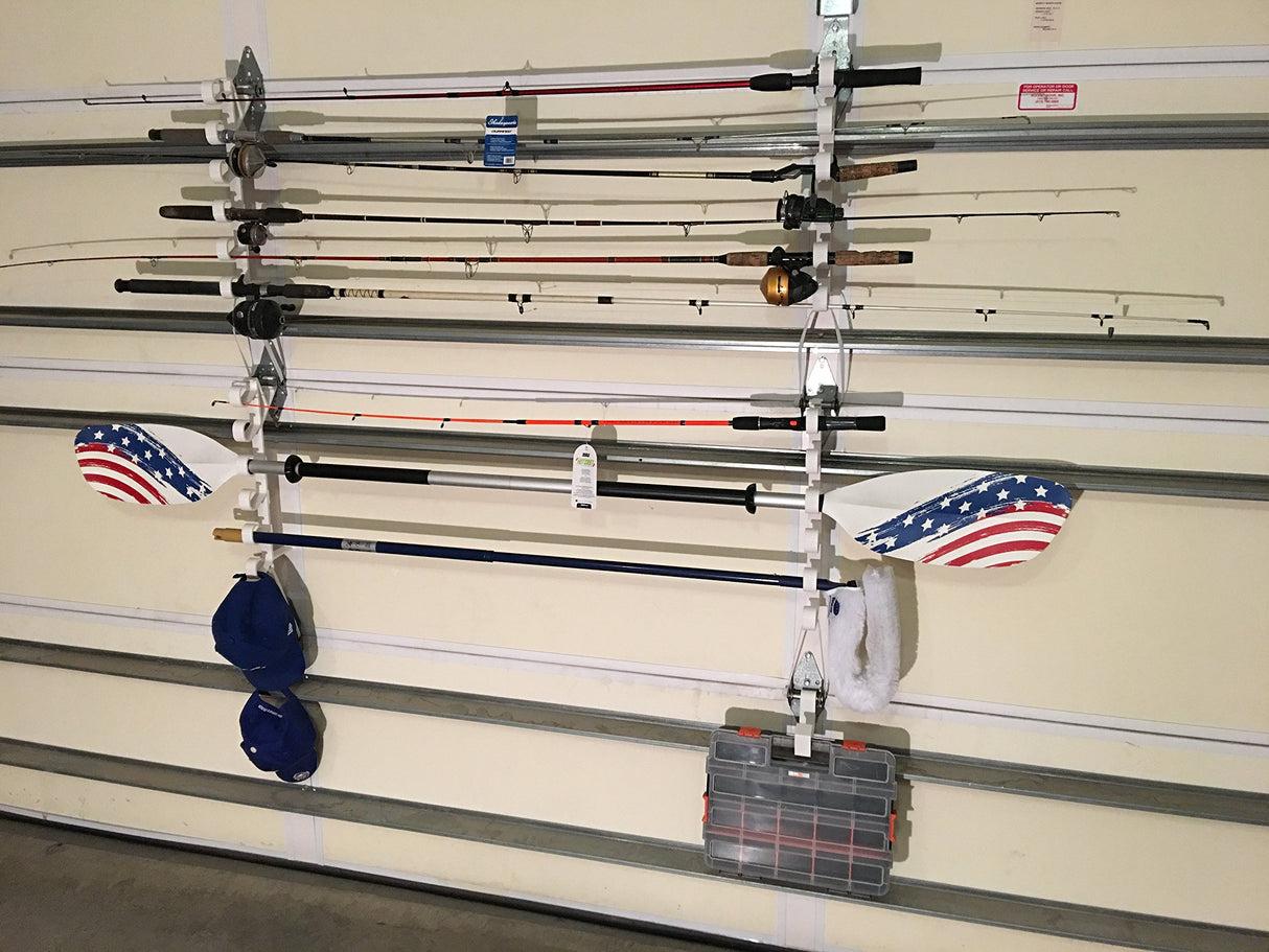 Fourth Wall Solutions Storage Rack for Garage Doors with Hooks for Fishing Rods, Kayak Paddles and More Fourth Wall Solutions
