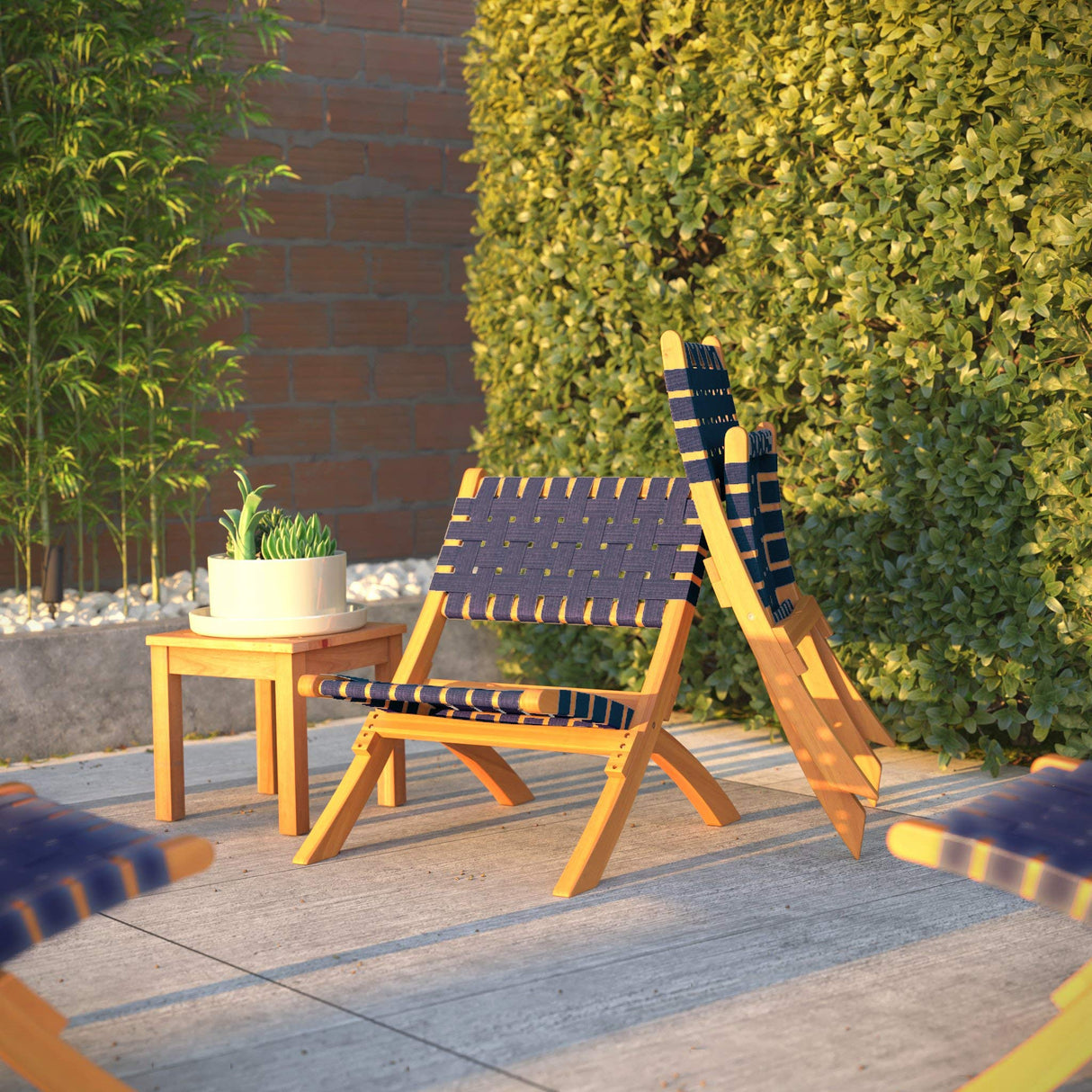 Patio Sense 63636 Sava Indoor Outdoor Folding Chair All Weather Wicker Low Slung Portable Seating Solid Acacia Wood Woven Seat Back Seat Indoors Porch Lawn Garden Fishing Sporting - Navy Blue Webbing Patio Sense