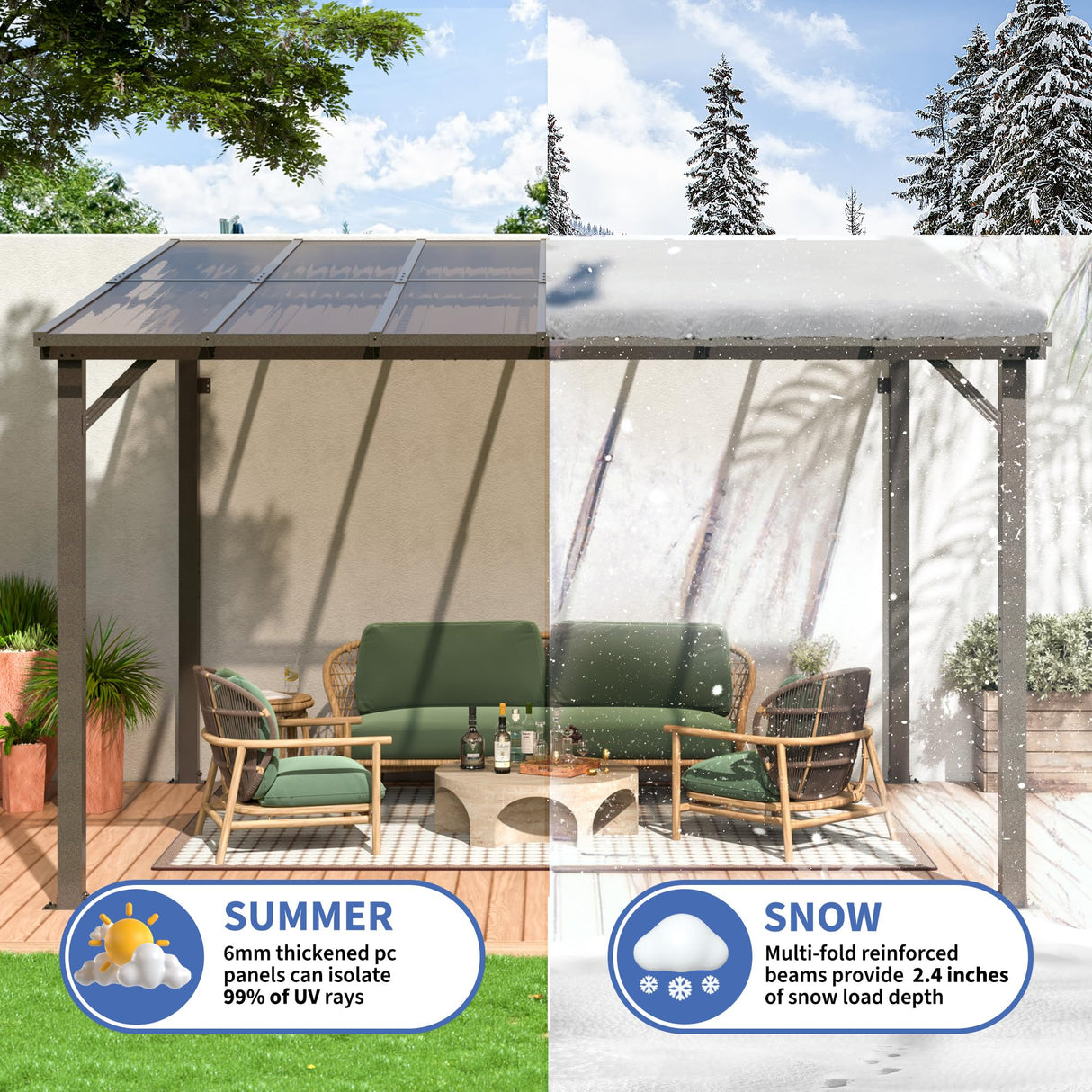WKM 10X12 FT Gazebo for Patio,Large Wall-Mounted Lean to Gazebo Pergola with Roof on Clearance, Lean to Gazebo Hard Top, Lean to Gazebo Awnings for Patio, Decks, Porch and Backyard WKM