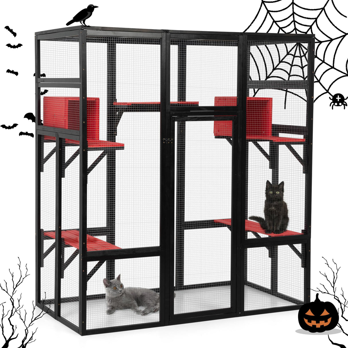 Nyeekoy 71Inches Large Wood Catio Outdoor Cat Enclosure with Perches and Condos, Cat House Indoor with Waterproof Roof, Cat Shelter 7 Platforms & 2 Resting Box, UV Resistant (Gothic) Nyeekoy