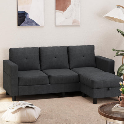 Shintenchi 76" Modern Upholstered Sectional Sofa, L-Shaped Couch with Storage Ottoman and Reversible Chaise for Living Room, Black Linen Fabric