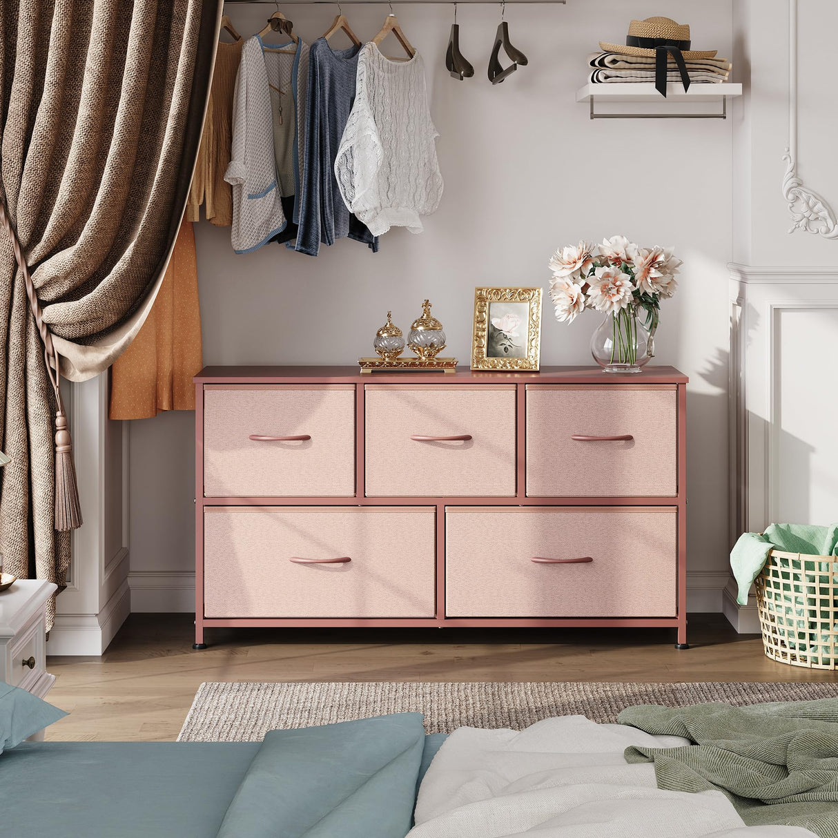 WLIVE Dresser for Bedroom with 5 Drawers, Wide Chest of Drawers, Fabric Dresser, Storage Organization Unit with Fabric Bins for Closet, Living Room, Hallway, Pink and Rose Gold WLIVE