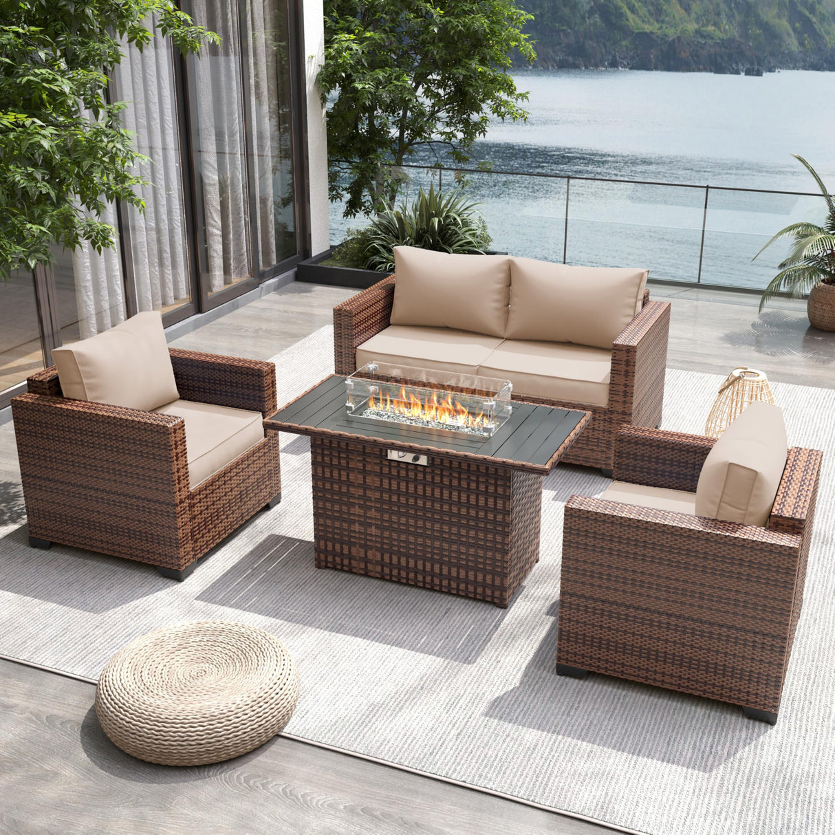 UDPATIO Patio Furniture Set with Fire Pit Table, 4 Pieces Outdoor Furniture Sets, Wicker Rattan Patio Conversation Sets with Outdoor Sofa Waterproof Covers for Porch Deck Backyard, Khaki UDPATIO