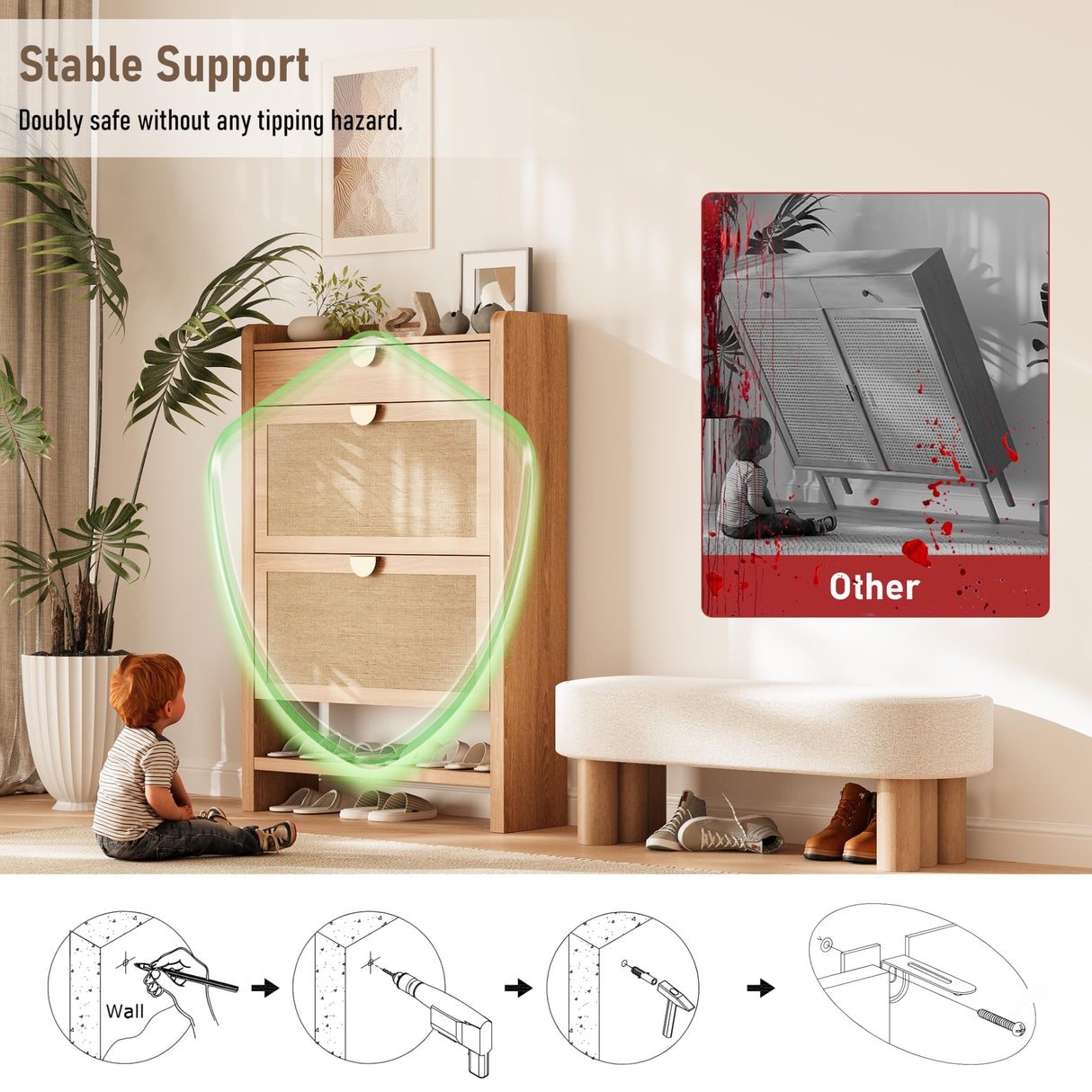 INNOD Rattan Shoe Storage Cabinet, Shoe Organizer with 2 Flip Drawers, Narrow Shoe Cabinet, Free Standing Hidden Shoe Storage, Shoe Rack for Entryway/Hallway/Closet, Natural Oak INNOD