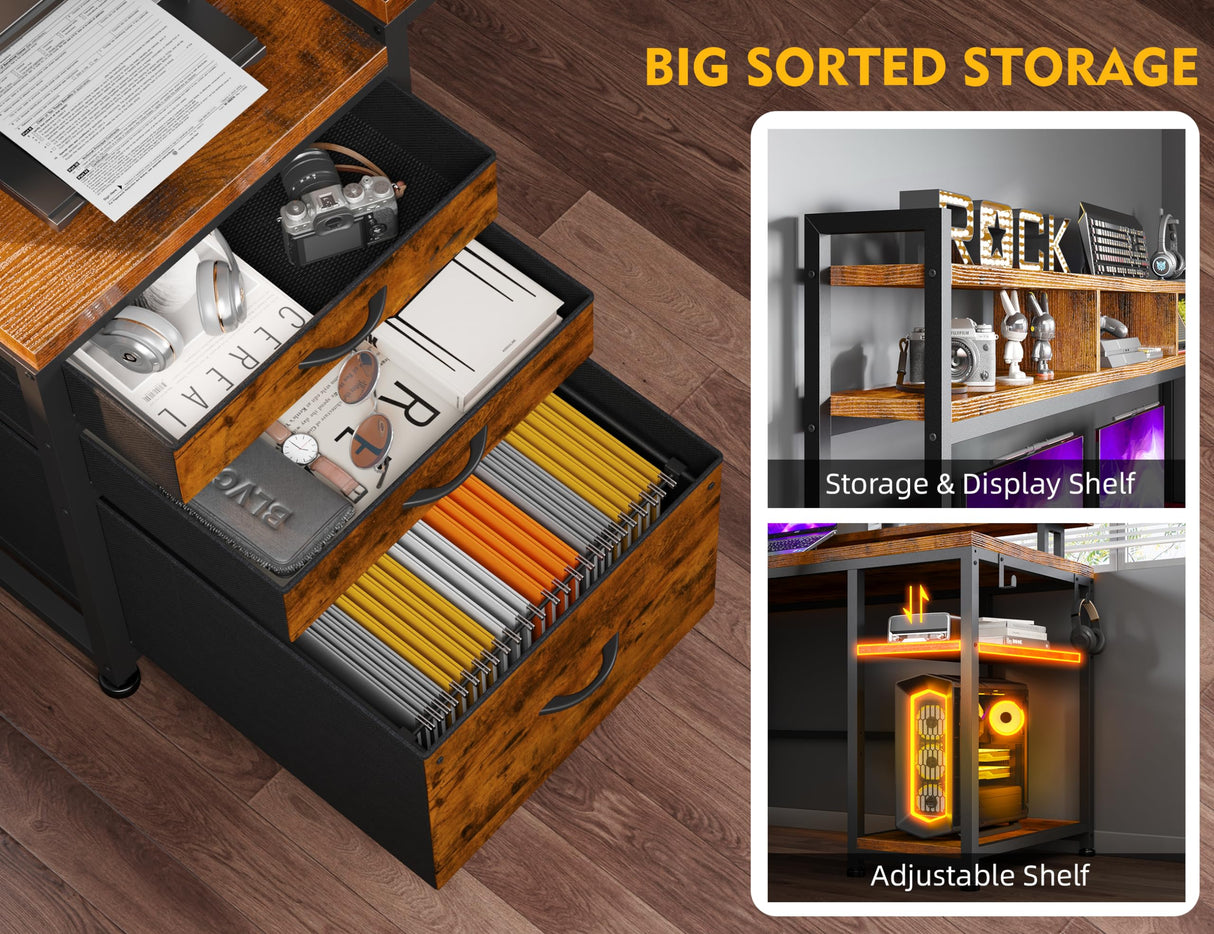 EnHomee 66" L Shaped Desk with Drawers Reversible Large L Shaped Gaming Desk with LED & Storage Shelf Gaming Desk with Monitor Stand Power & Outlet Wide Home Office Desks with File Cabinet Brown EnHomee