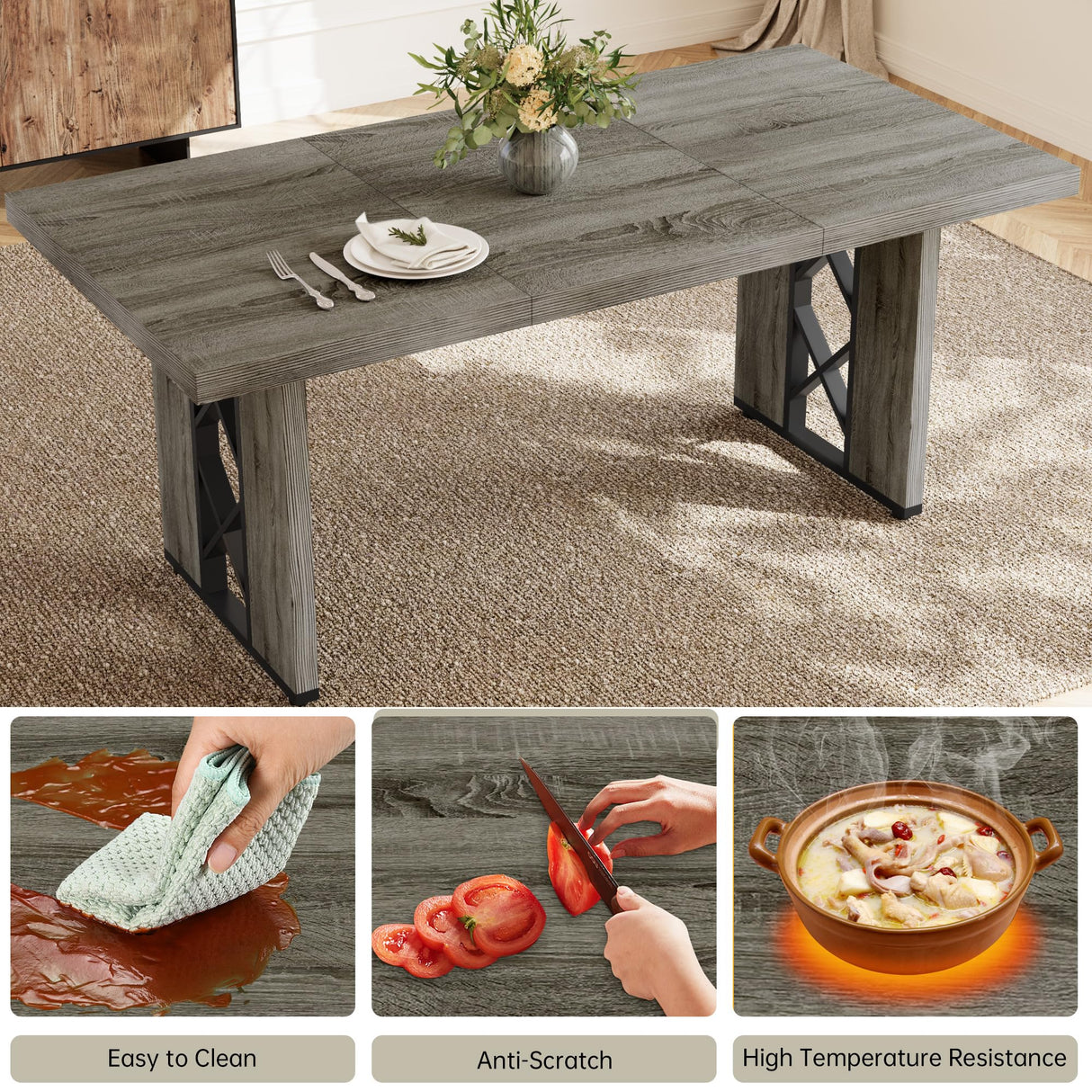 HIPIHOM 3-Piece Dining Table Set for 6-8 People, 70.8'' Rectangle Kitchen Table with 2 Benches for Breakfast Nook, Dining Room Furniture(Grey Table+Bench) HIPIHOM