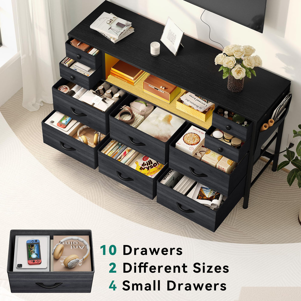 YITAHOME TV Stand with Charging Station, Dresser TV Stand for 55'' TV, 10 Drawer Dresser for Bedroom, Media TV Console Table with Side Pockets & Hooks, Storage Fabric Drawer Unit for Bedroom YITAHOME