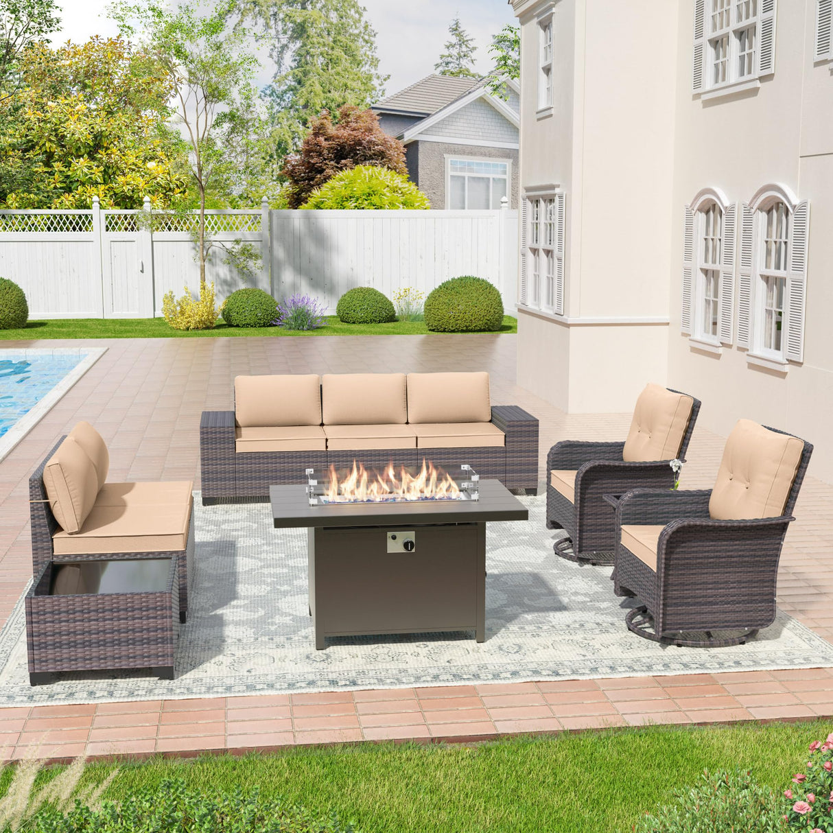 Kullavik 10 Pieces Outdoor Patio Furniture Set with 55000BTU Gas Propane Fire Pit Table,PE Wicker Rattan Sectional Sofa Patio Conversation Sets,Swivel Rocking Chairs Set,Sand Kullavik