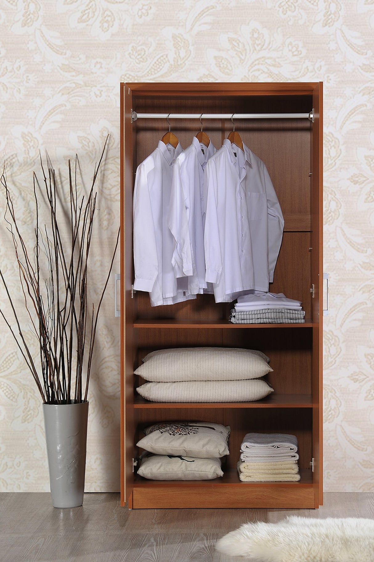 Hodedah 2 Door Wardrobe with Adjustable/Removable Shelves & Hanging Rod, Cherry Hodedah