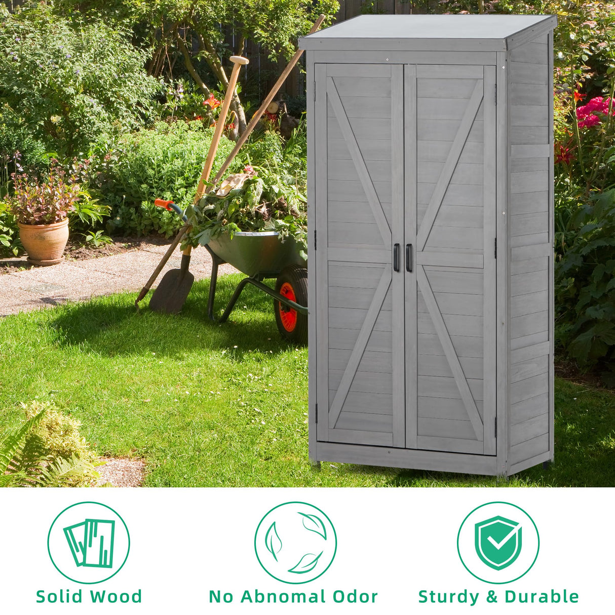 GM Ultra 68 Inches Outdoor Storage Cabinet and Metal Top,Garden Shed,Outdoor Wood Tall Shed for Yard Patioļ¼Outdoor Wooden with Top Vertical Tool Backyard Garden Patio Lawn (Gray) GM Ultra