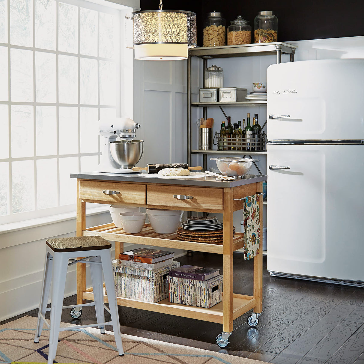 Home Styles Natural Designer Utility Kitchen Cart with Stainless Steel Top, Two Utility Drawers, Adjustable Shelf and Industrial Casters, Optional Wine Storage,Brown homestyles
