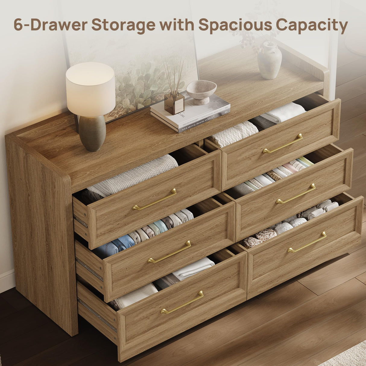 SICOTAS 6 Drawer Dresser for Bedroom-56.4" Extra-Wide Wooden Chest of Drawers with Large Storage, Long Dresser TV Stand with Drawers, Mid Century Modern Closet Dressers for Nursery, Brown Oak SICOTAS