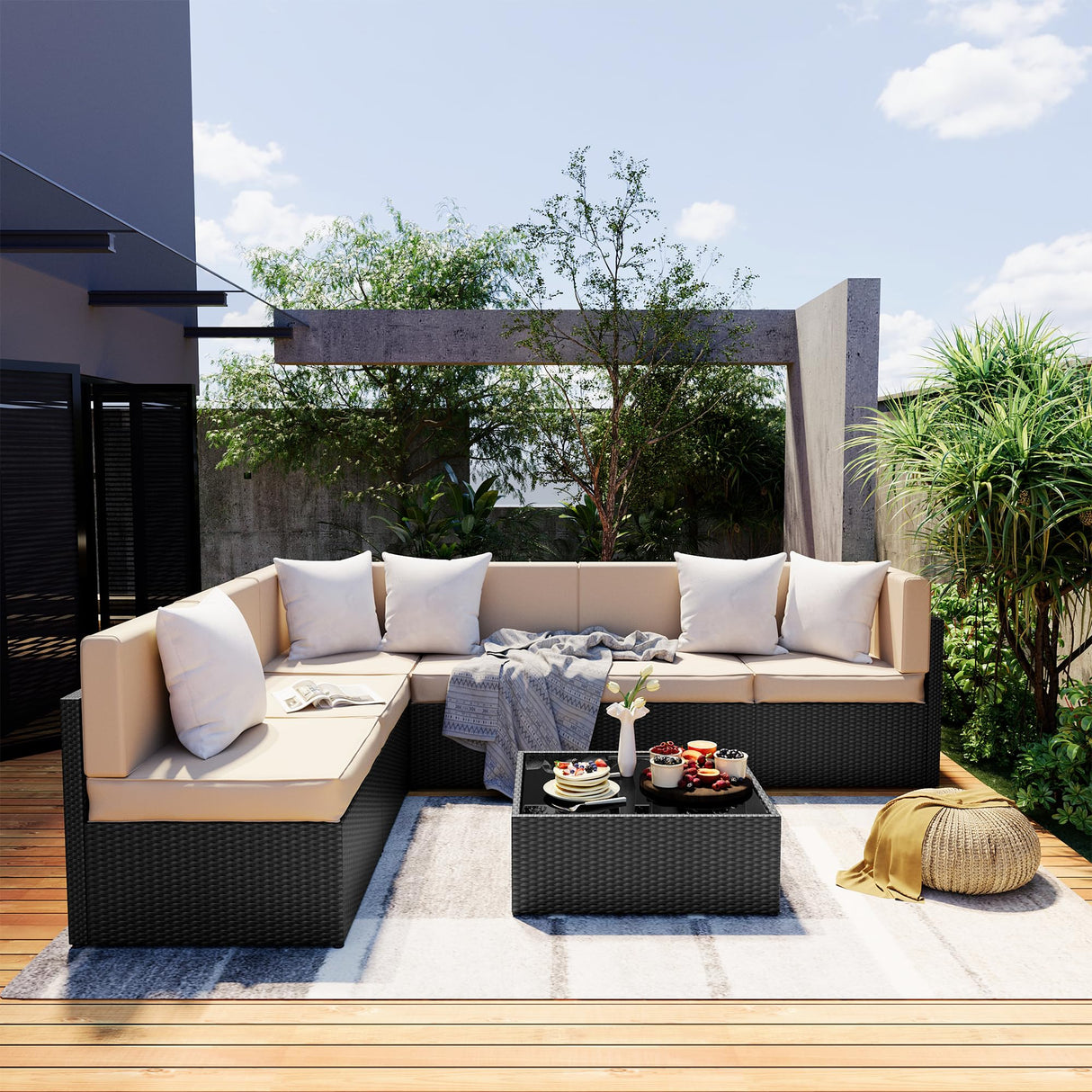 Pamapic 7 Pieces Outdoor Sectional Furniture,Wicker Patio sectional Furniture Sets,All-Weather Rattan Sectional Sofa Conversation Set with Coffee Table and Washable Couch Cushions Covers Pamapic