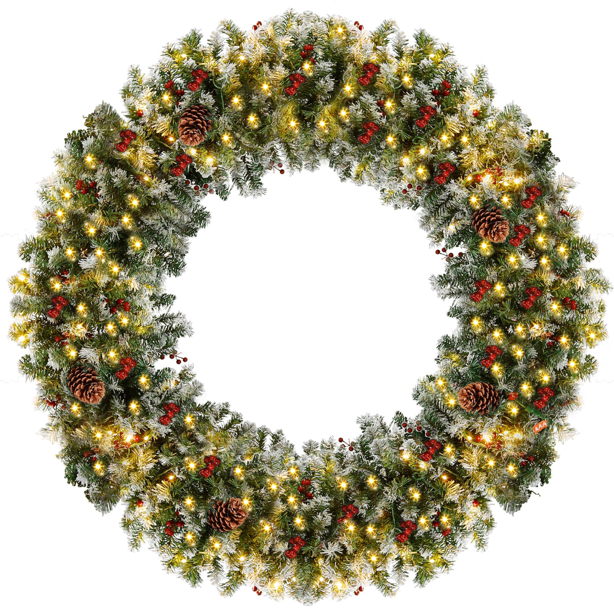 CACFTII 48in Pre-Lit Artificial Christmas Wreath, Snowflakes Christmas Wreaths with Warm White LED Lights, Pine Cones and Berries for Door, Mantel, Indoor Decorations, Xmas Holiday Decor, Green/White CACFTII