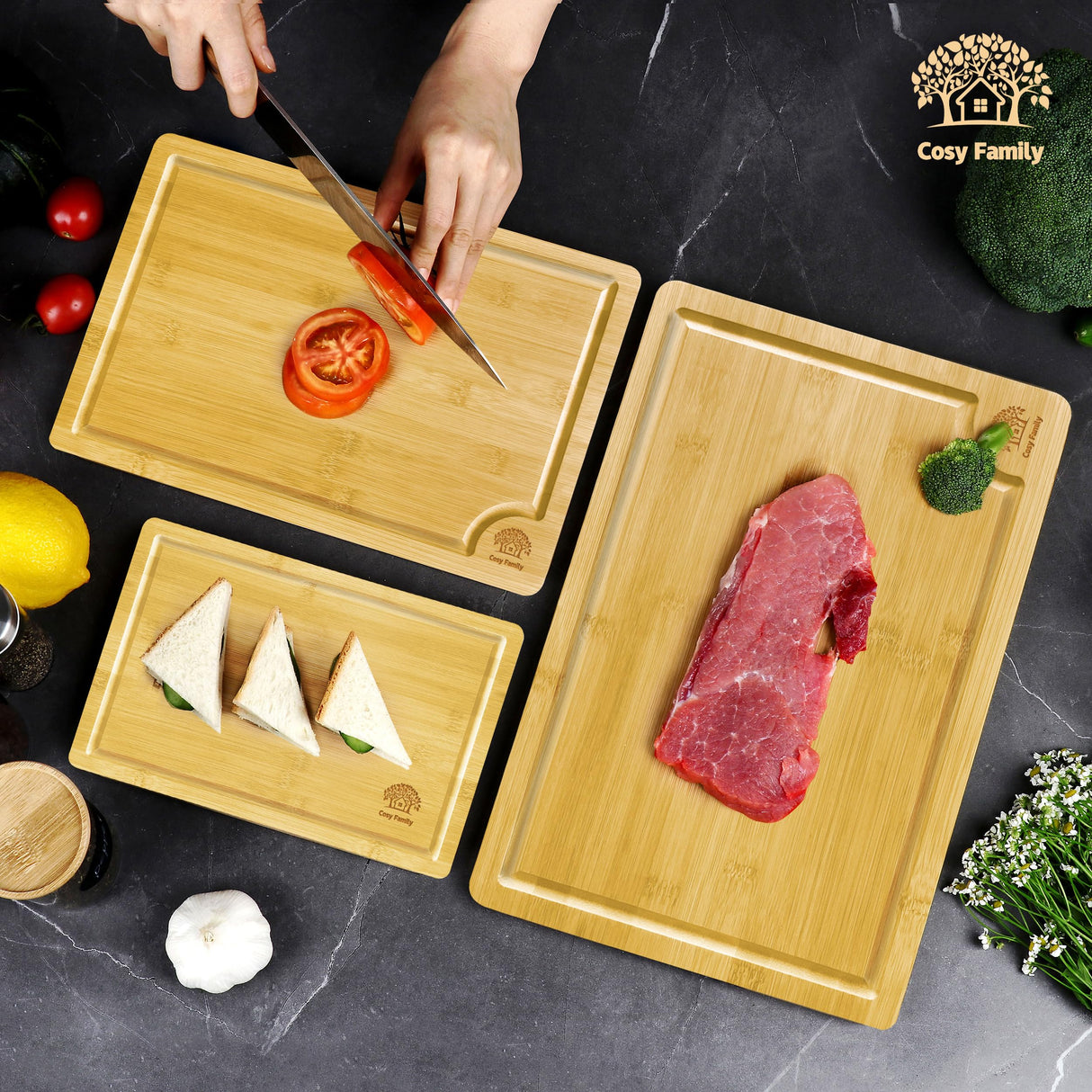 Cosy Family Wood Cutting Boards for Kitchen - XL - Bamboo Cutting Boards with Juice Groove, Serving Board Set, Thick Chopping Board for Meat, Veggies, Easy to clean Cosy Family