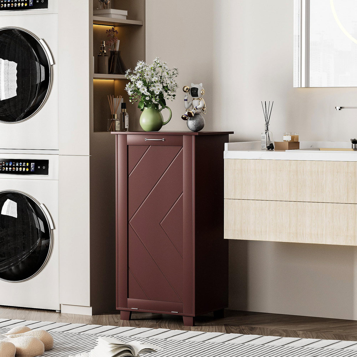VECELO Tilt Out Kitchen Trash Bin Cabinet, Dog Proof Garbage Can with Wood Holder Free Standing Recycling, Brown VECELO