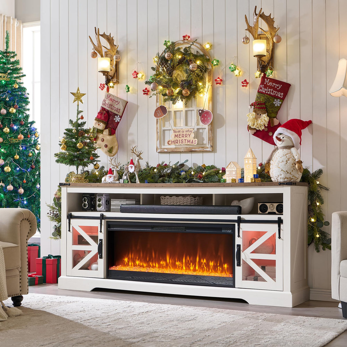 OKD Fireplace TV Stand for 85" TV, 33" Tall Highboy Farmhouse Entertainment Center w/ 42'' Electric Fireplace & LED Light, Rustic Media Console w/Sliding Barn Door for Living Room, Antique White OKD