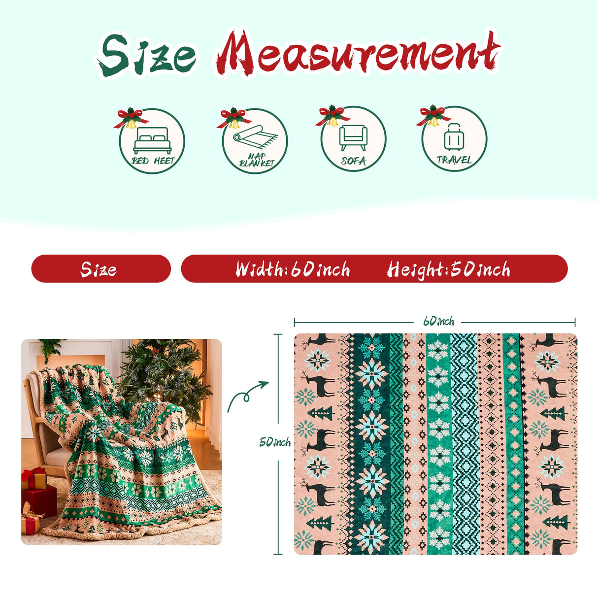 Ramees Christmas Throw Blanket, Christmas Decorations Blankets and Throws, Fuzzy Cozy Soft Warm Fleece Sherpa Winter Holiday Blanket for Bed Couch Sofa Reindeer Snowflakes Ramees