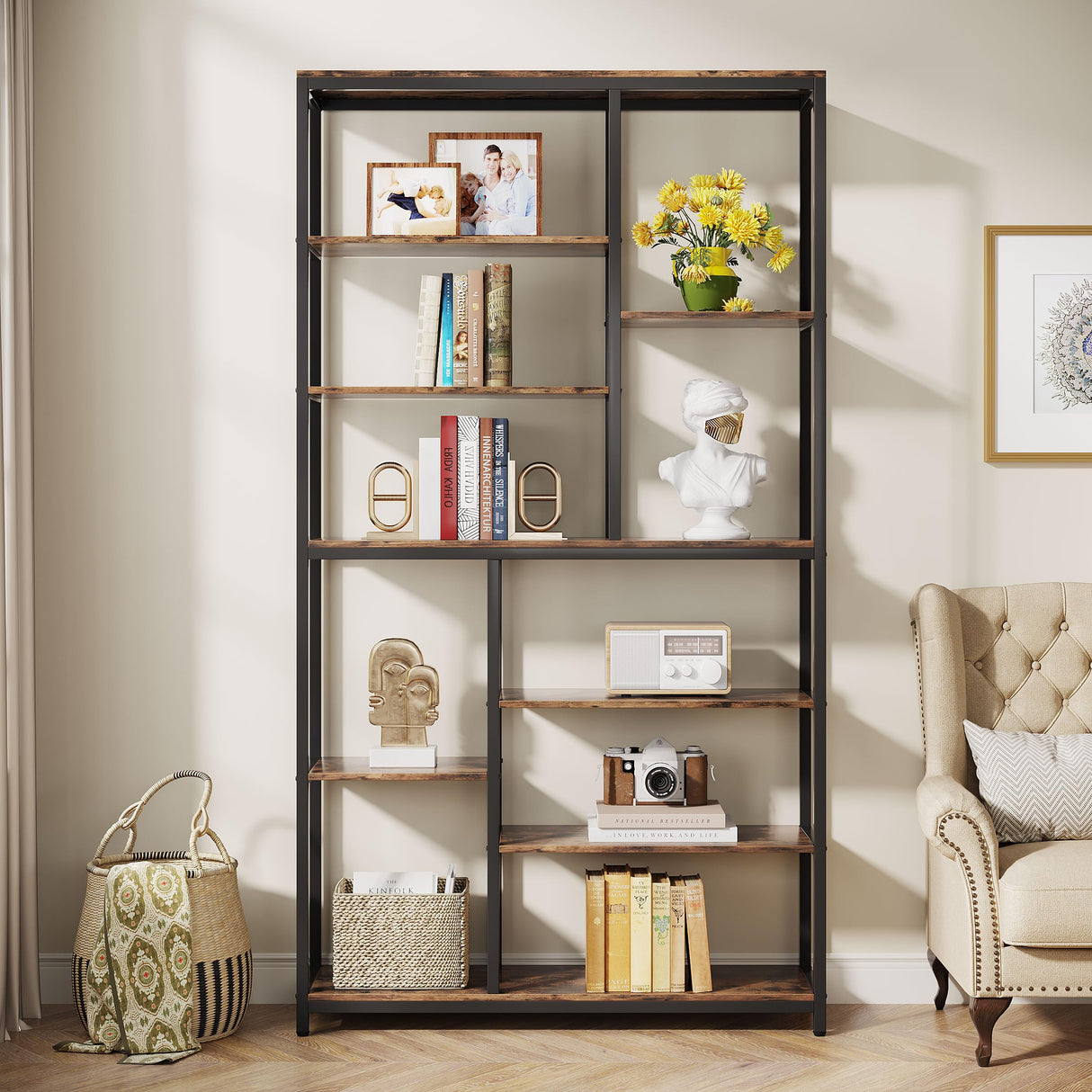Tribesigns 79-Inch Tall Staggered Bookshelf, Industrial Bookcase with 8 Open Shelves, Wood and Metal Etagere Display Shelf for Living Room, Home and Office Tribesigns