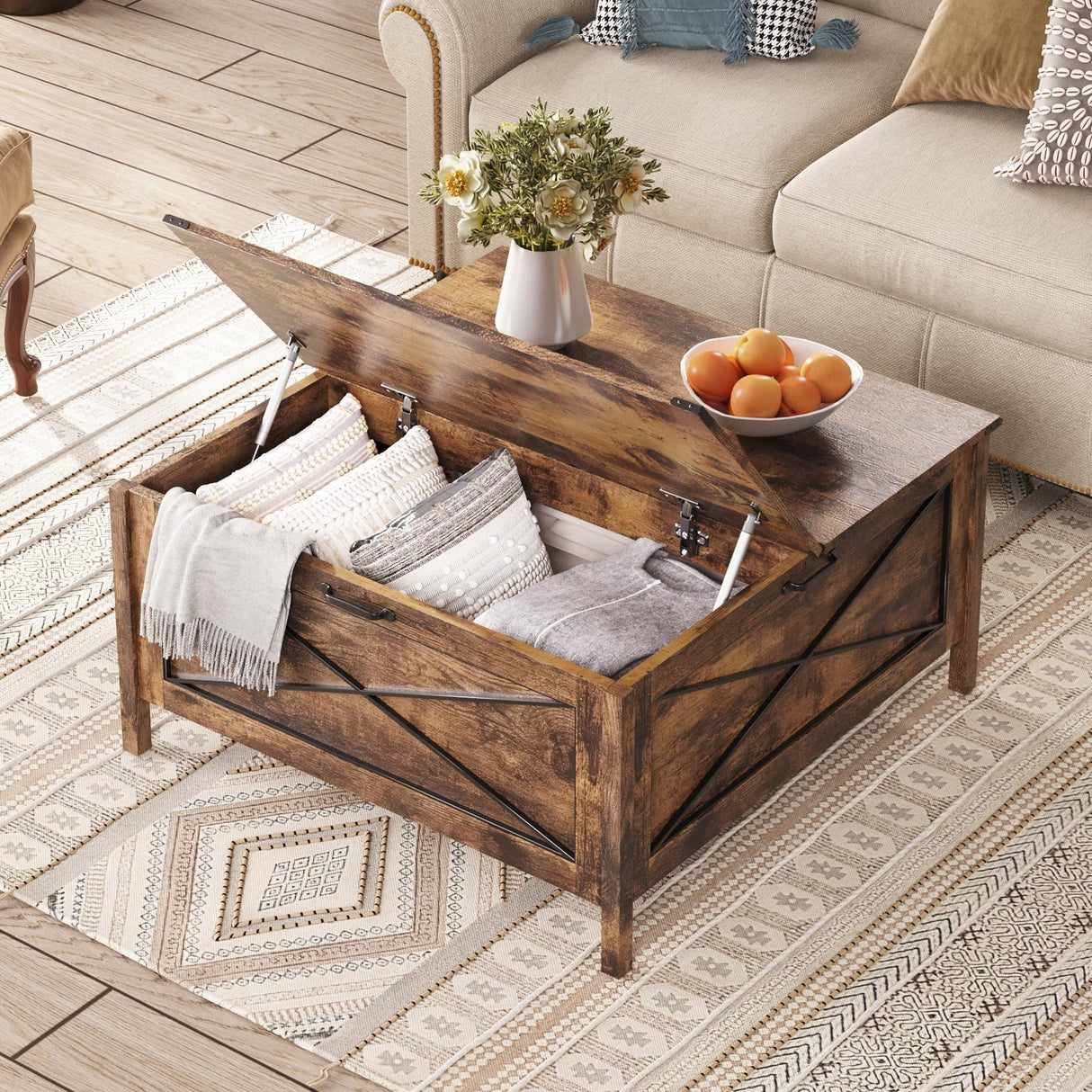 Mauqvit Lift Top Coffee Table,Square Center Table with Hidden Storage Compartment, Farmhouse Wood Coffee Table for Living Room,Bedroom, Home Office Maupvit