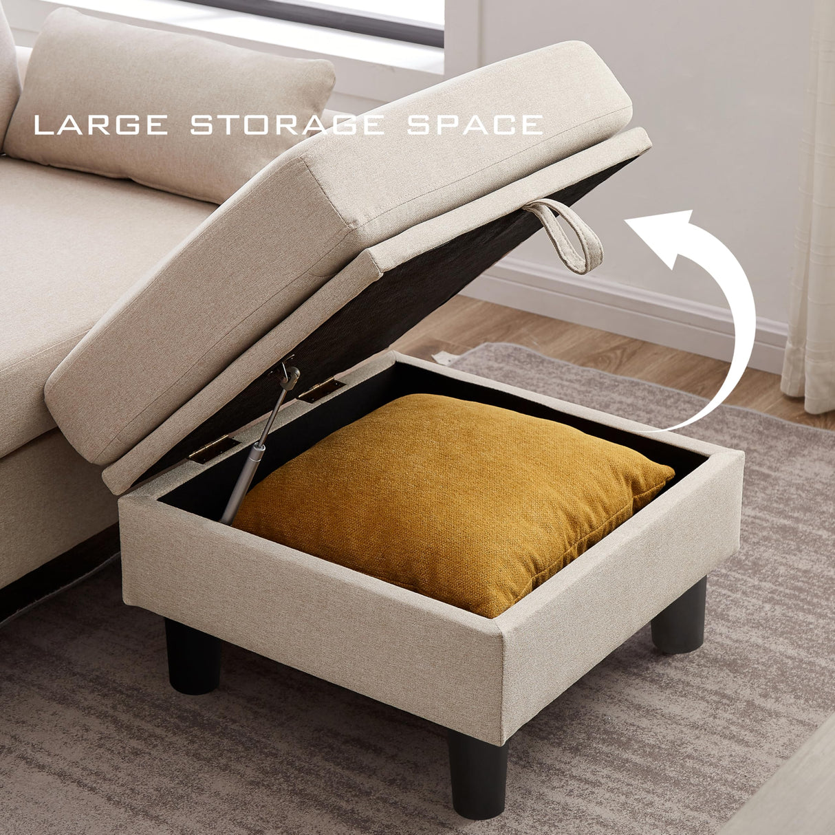 Chireca 102" Convertible Sectional Sofa, Modern L Shaped Couch with Storage Ottoman and Side Pockets, 4 Seater Sofa for Living Room Apartment, Beige Chireca