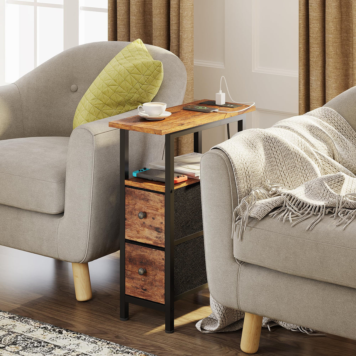 TRIFEBLE End Table with Charging Station, Narrow Side Table with 2 Fabric Drawers, Skinny Nightstand with LED Light, Slim Bedside Table for Bedroom, Living Room, Small Spaces, Rustic Brown TRIFEBLE