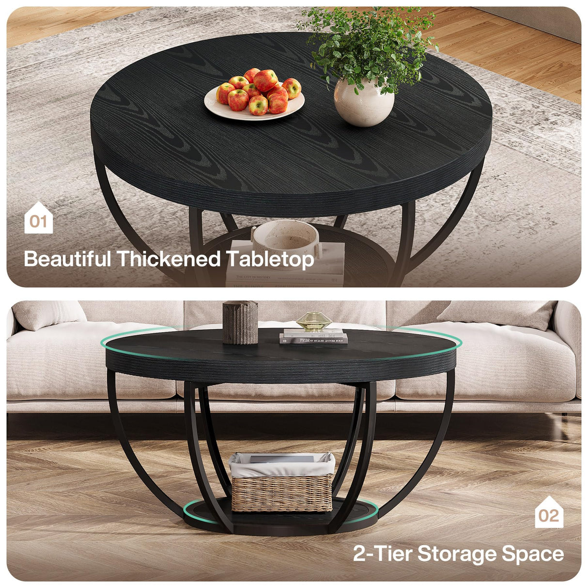 Tribesigns Round Coffee Table, Farmhouse 32" Circle Coffee Table for Living Room, Modern 2-Tier Wood Accent Center Table with Storage Open Shelves, Black Tribesigns
