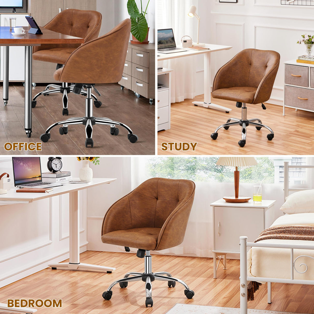 Yaheetech Faux Leather Desk Chair, Makeup Vanity Chair with Adjustable Tilt Angle, Swivel Office Chair Upholstered Armchair Study Chair for Bedroom and Makeup Room Retro Brown Yaheetech