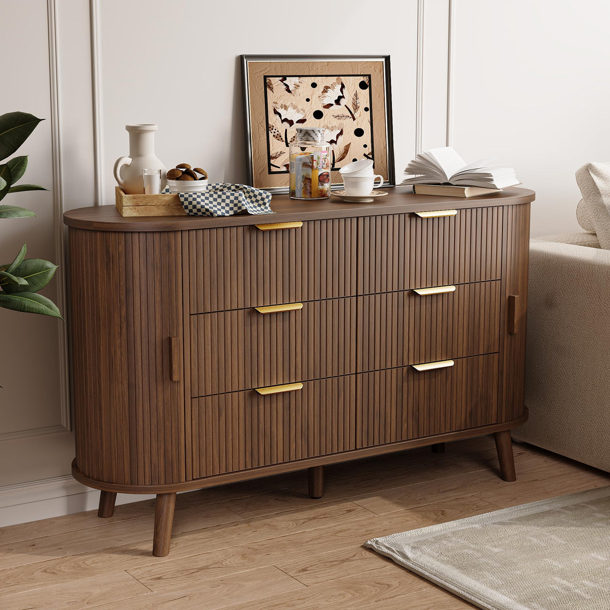 Decofy Fluted 6 Drawers Dresser, 55'' Wide Mid Century Modern Chest of Drawers with Sliding Door & Metal Handles, Curved Profile & Sturdy Legs, Wood TV Stand for Bedroom, Living Room (Walnut) Decofy
