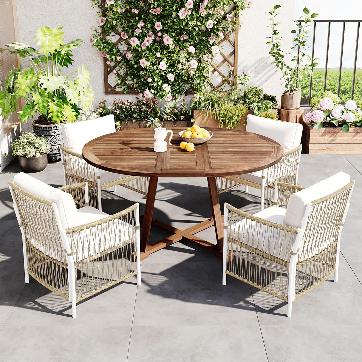 Modern 5-Piece Outdoor Patio Dining Set, All-Weather Acacia Wood Extendable Round Dining Table with 12inch Butterfly Leaf and 4 Rattan Arm Chairs for Backyard, Garden, Poolside CKLMMC