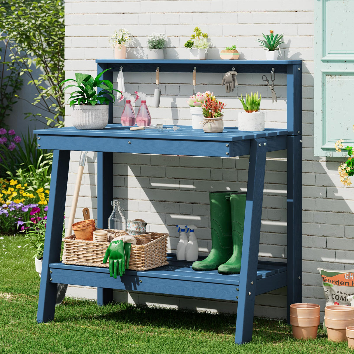 SERWALL Potting Bench Outdoor with Storage, 3-Tier HDPE Gardening Table with Angled Legs & Tool Hooks, All-Weather Heavy Duty Potting Table for Patio, Backyard, Garden, Blue SERWALL