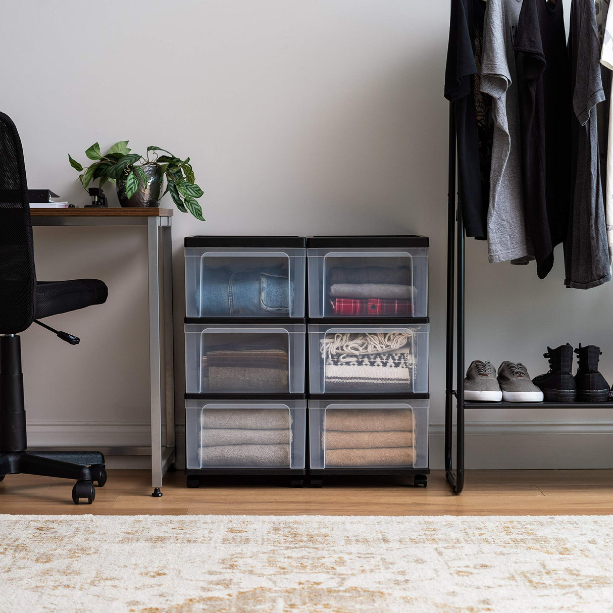 IRIS USA Plastic 3-Drawer Storage Organizer Rolling Cart, with Wheels Casters, 2-Pack, for Classroom Art Supplies Dresser Closet Bathroom Dorm Bedroom Laundry Room, Slim Narrow, Black/Clear IRIS